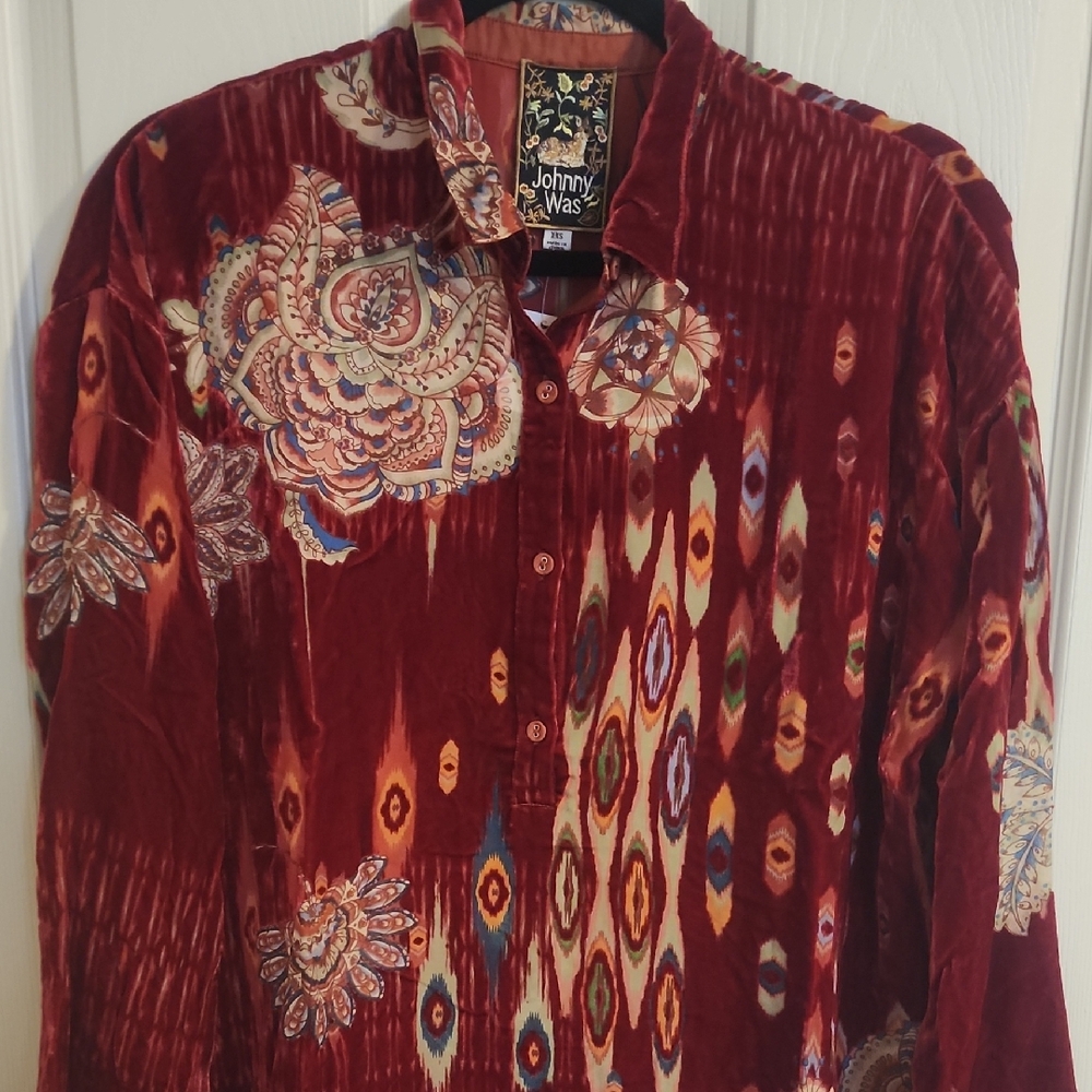 Johnny Was Women's Burgundy and Multicolor Patterned Shirt Velvet.